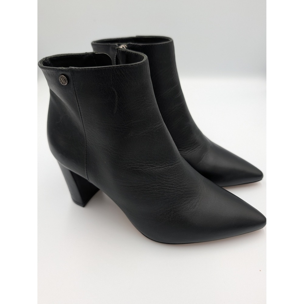 Antonio Melani Shahin Black Leather Pointed Toe Block Heel Ankle Boots Size 6.5M